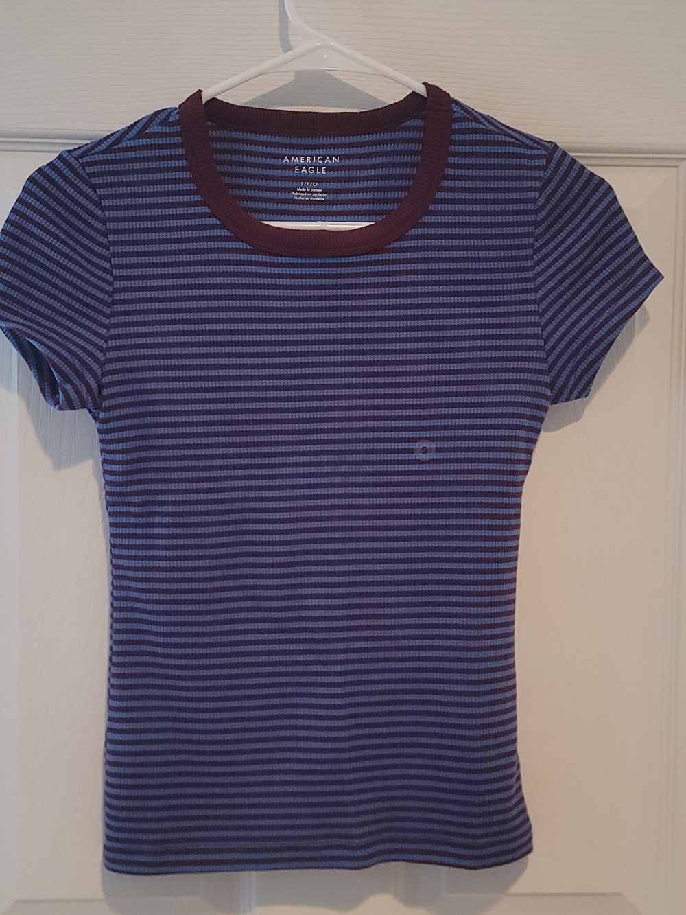 American Eagle Outfitters Women's Sm Blue Striped Crewneck Baby Tee